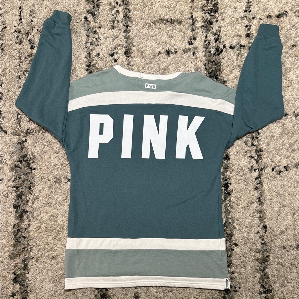 PINK Victoria's Secret Teal and White Lace-Up Oversized Sweatshirt - Picture 8 of 10
